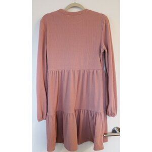 Rib Knit Tiered Babydoll Dress Pink L